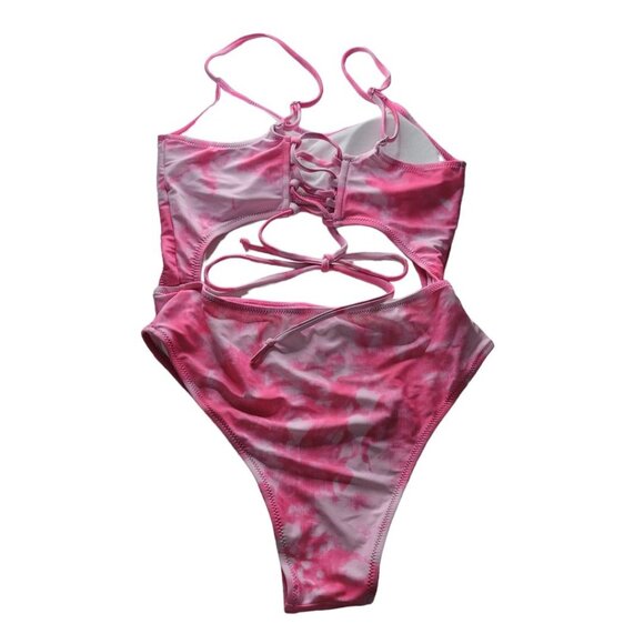 Corset Back String Swimsuit One Piece Hot Pink Open Front Womens Medium - Picture 3 of 10